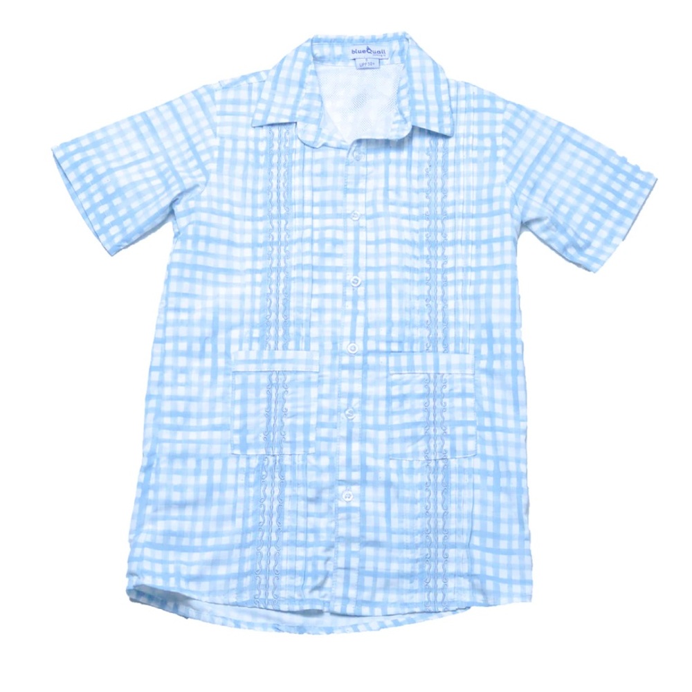 Blue Quail Watercolor Guayabera Dress